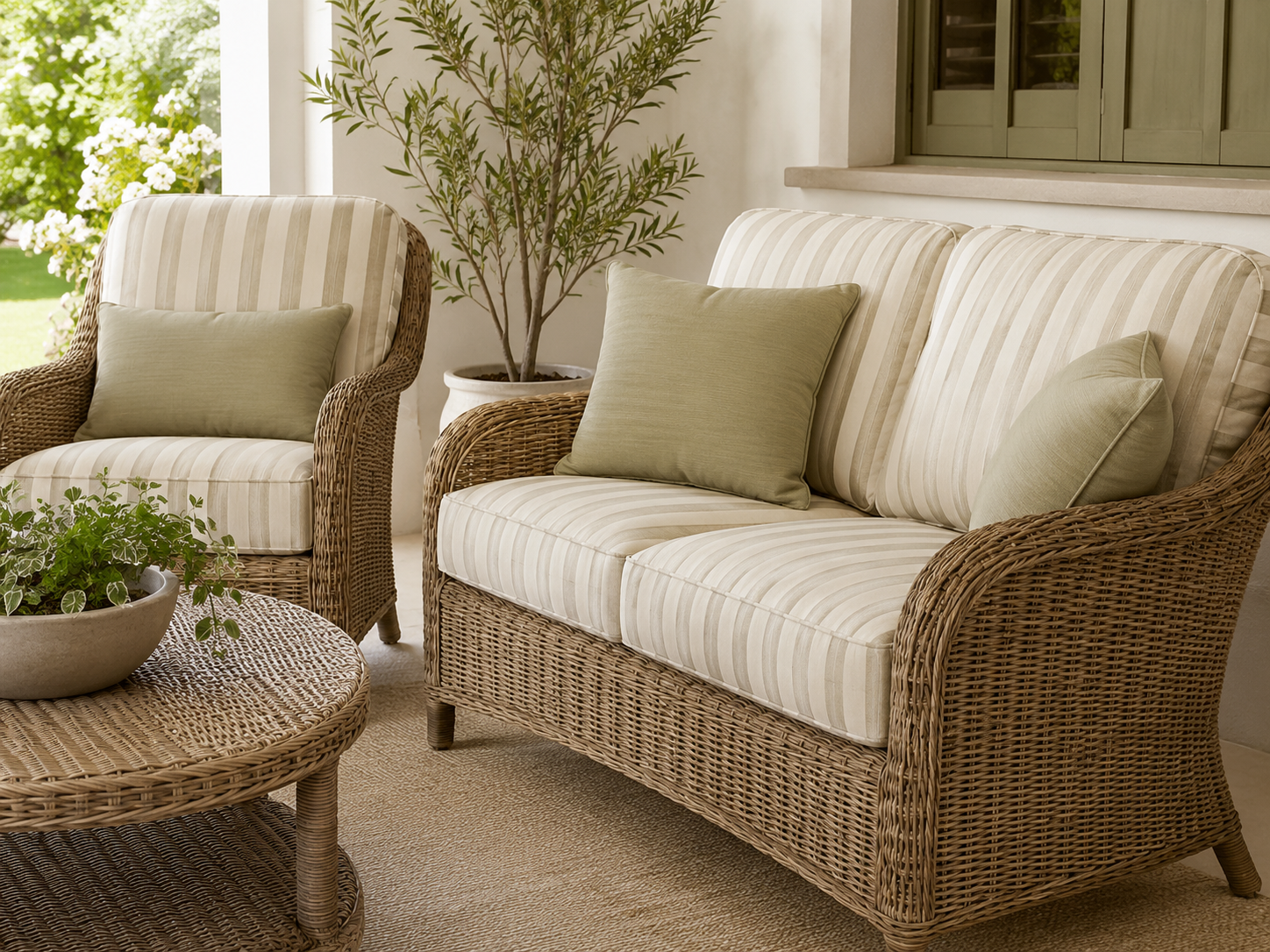 Coordinated custom cushions on an outdoor patio furniture set